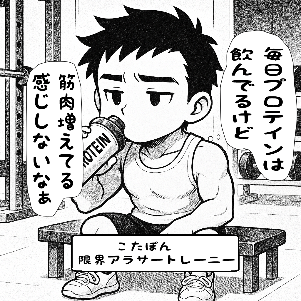 毎日プロテインは飲んでいるけど、筋肉が増えてる気がしなくて悩んでるこたぽん