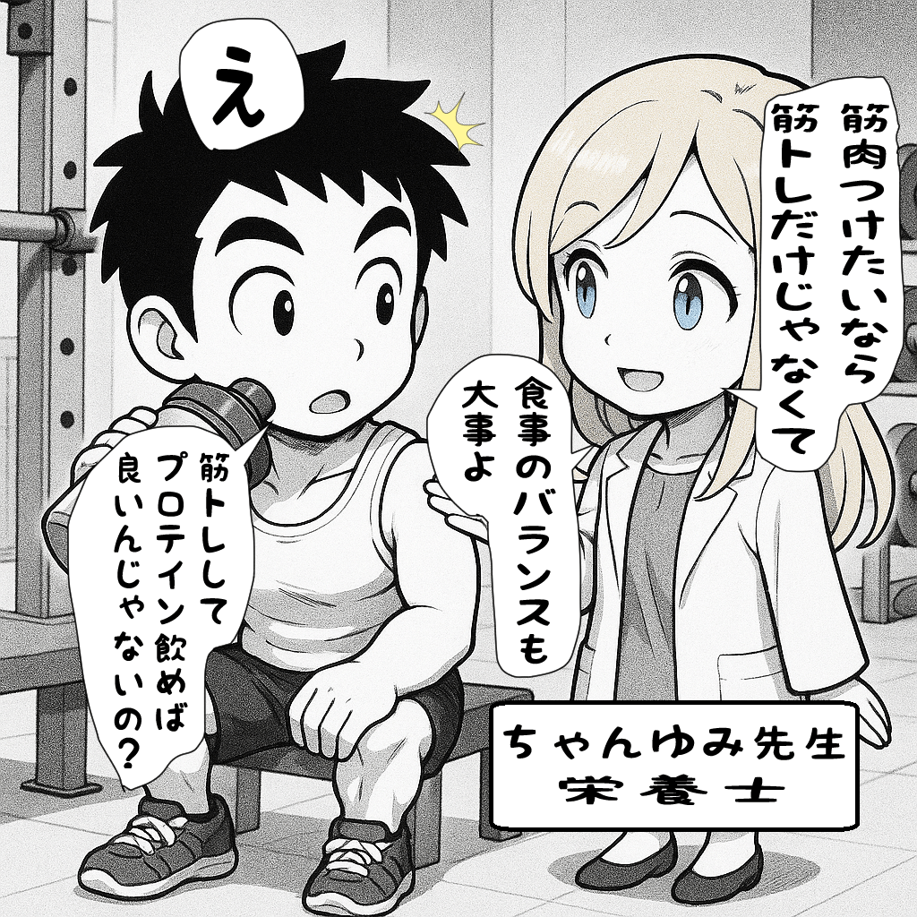 筋肉つけたいなら筋トレだけじゃなくて、食事バランスも大事だと説明するちゃんゆみ