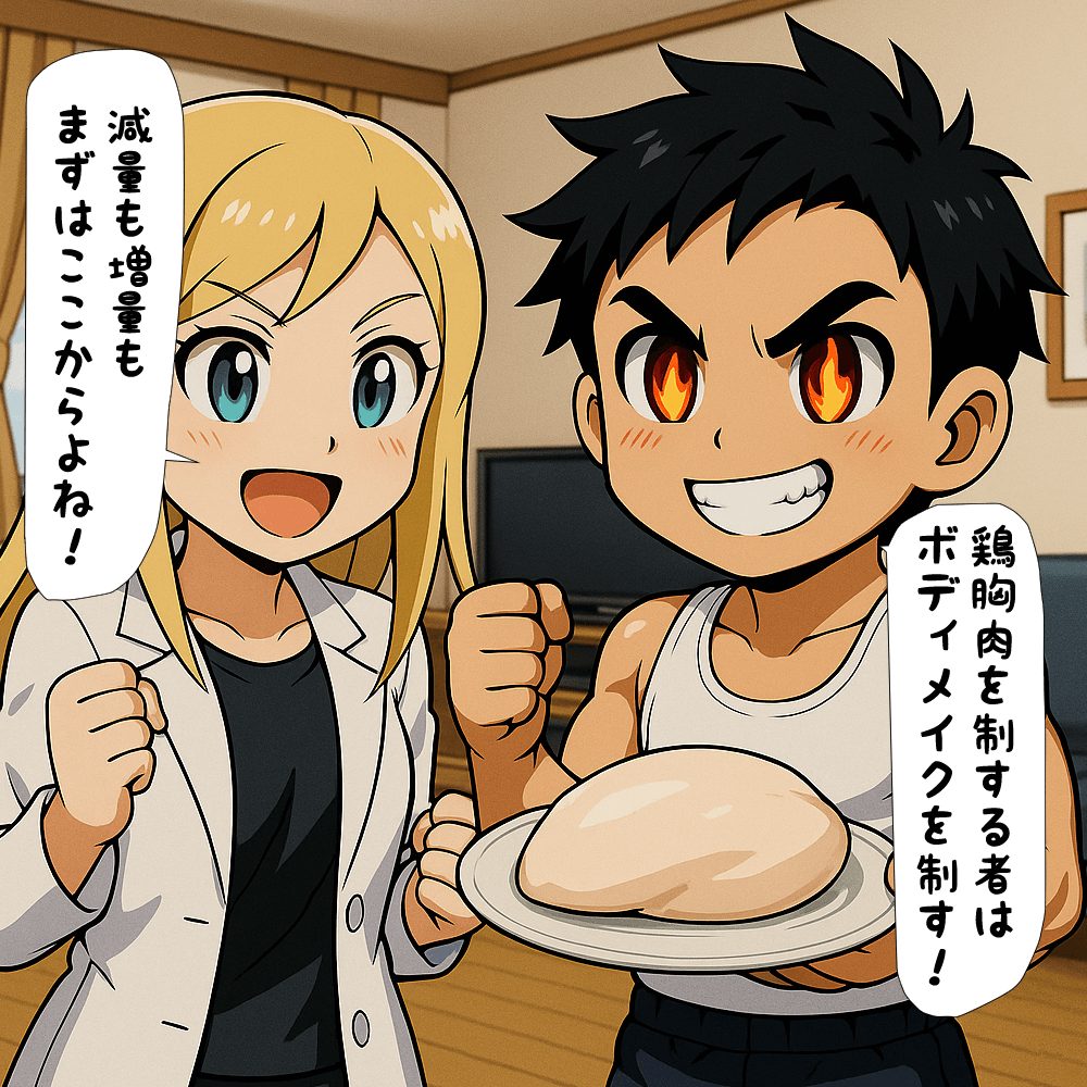 サラダチキンを持ってやる気のこたぽんとちゃんゆみ