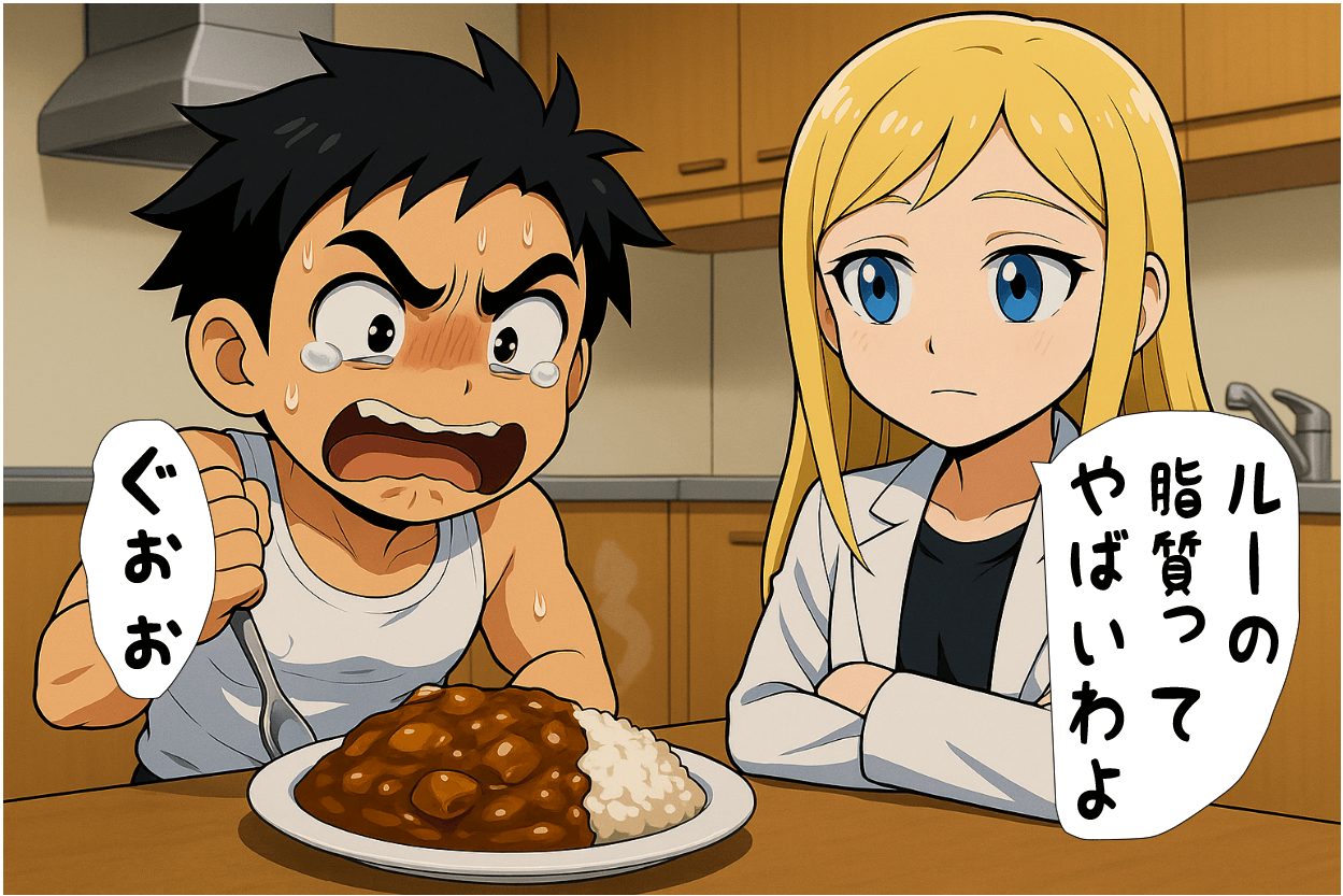 カレーのルーは脂質がいっぱいだということを説明するちゃんゆみ　悲しい顔するこたぽん