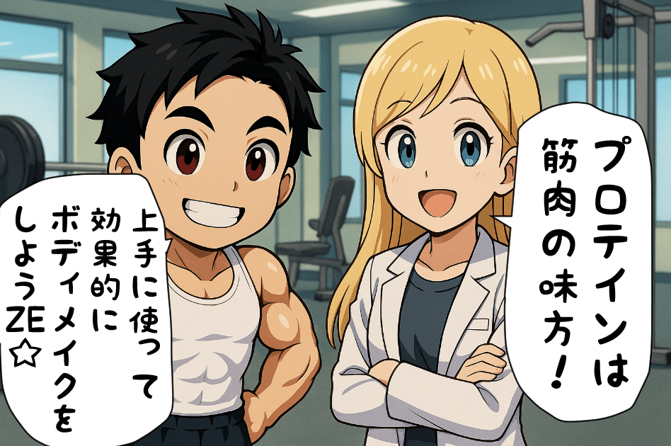 プロテインは筋肉の味方　上手に使って効果的にボディメイクをしようと言ってるシーン
