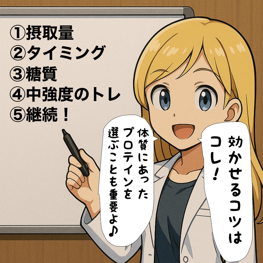 プロテインの効かせるコツを説明しているちゃんゆみ