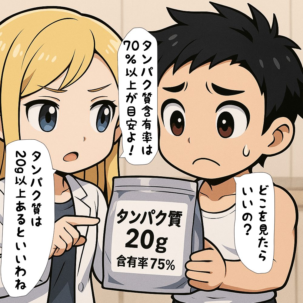 プロテインのタンパク質含有量は７５%以上がいいと説明している場面　たんぱく質は２０g以上