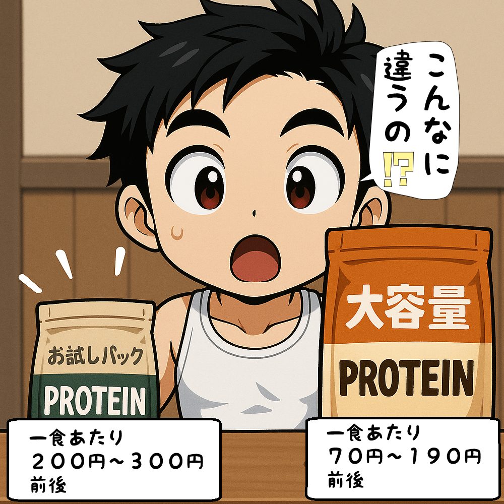 大容量プロテインとお試しパックのコスパを比較している
