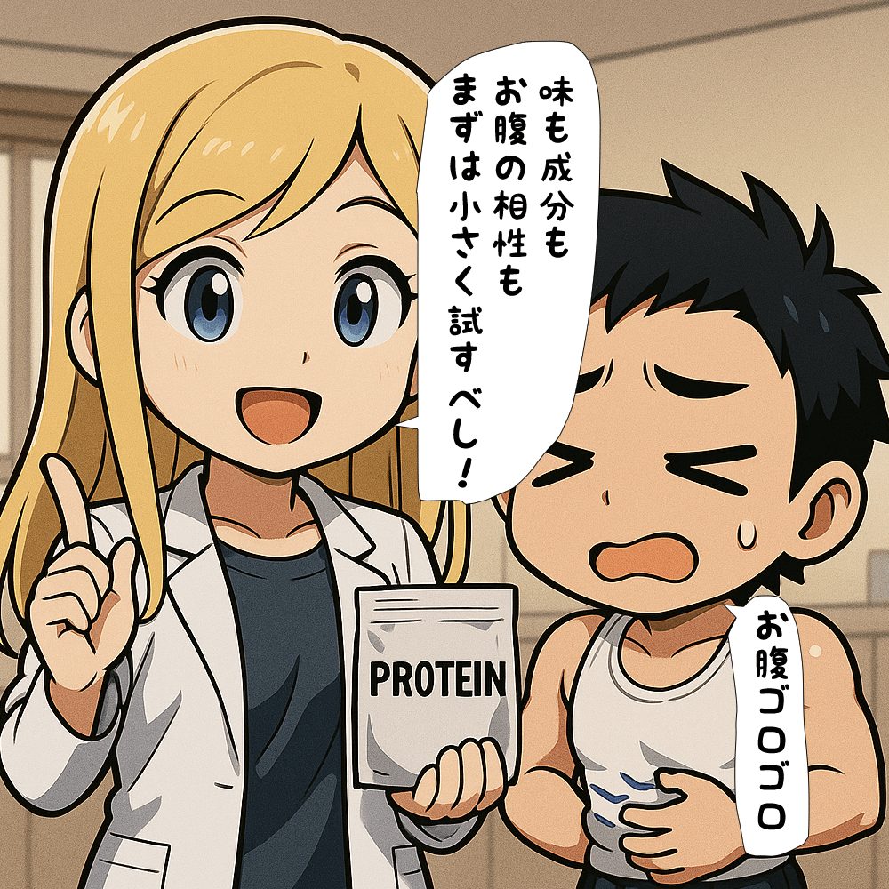 まずはお試しパックのプロテインを買うべしと説明している