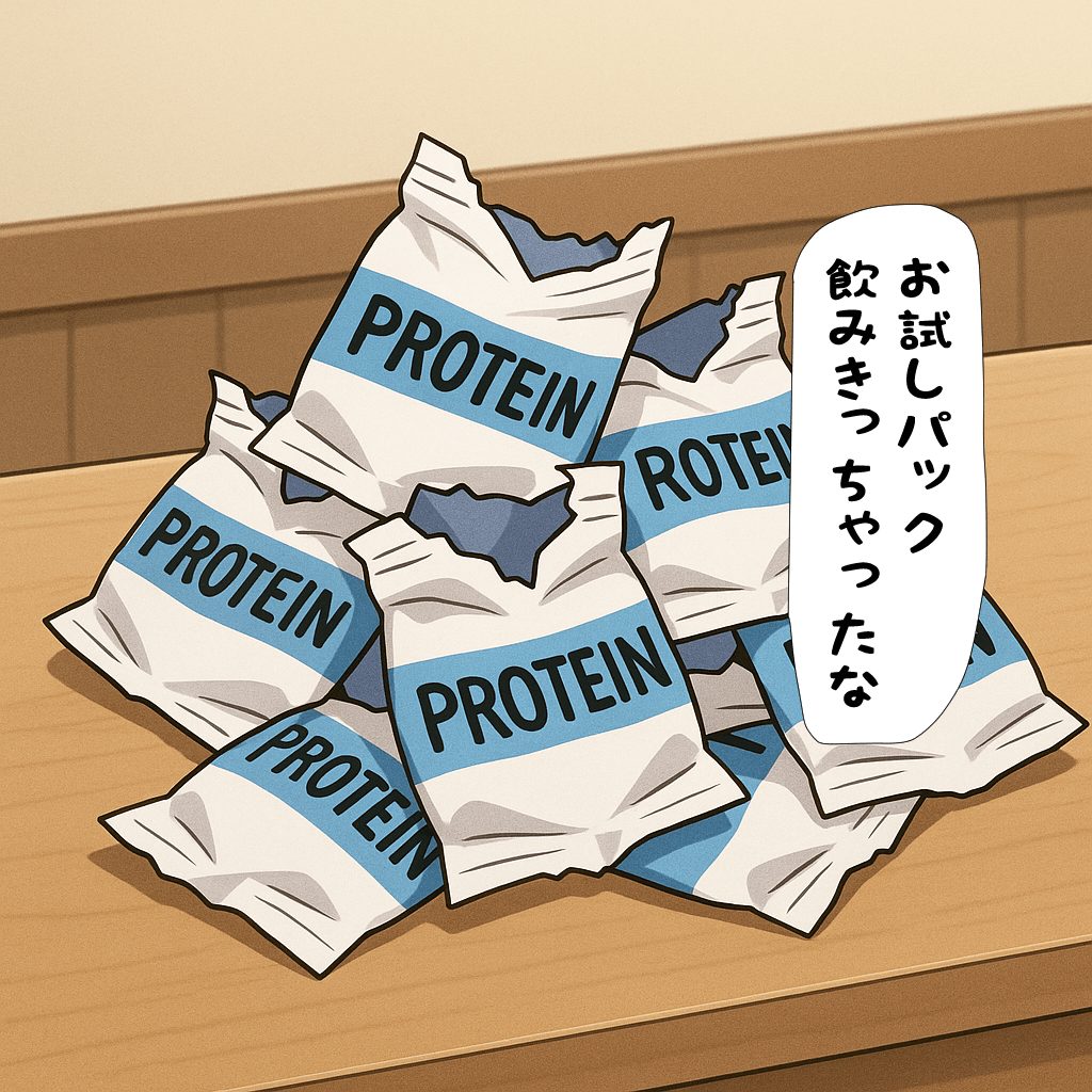 飲み終わったプロテインの袋が積み上がっている　お試しパックを飲みきった